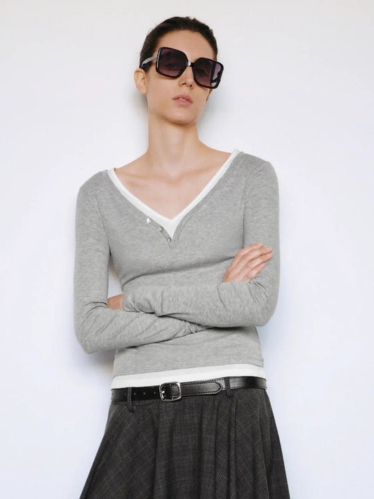 Layered Button Front V-neck Fitted Long Sleeve T-Shirt