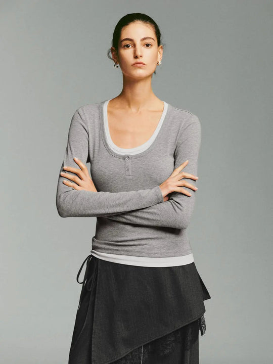 Heather Contrast Trim Long Sleeve Fitted T-Shirt