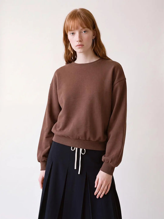 Ribbed Crew Neck Long Sleeve Cotton Blend Sweatshirt