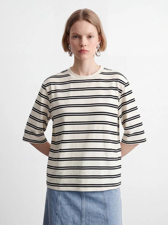 Striped Crew Neck Short Sleeve Cotton T-Shirt