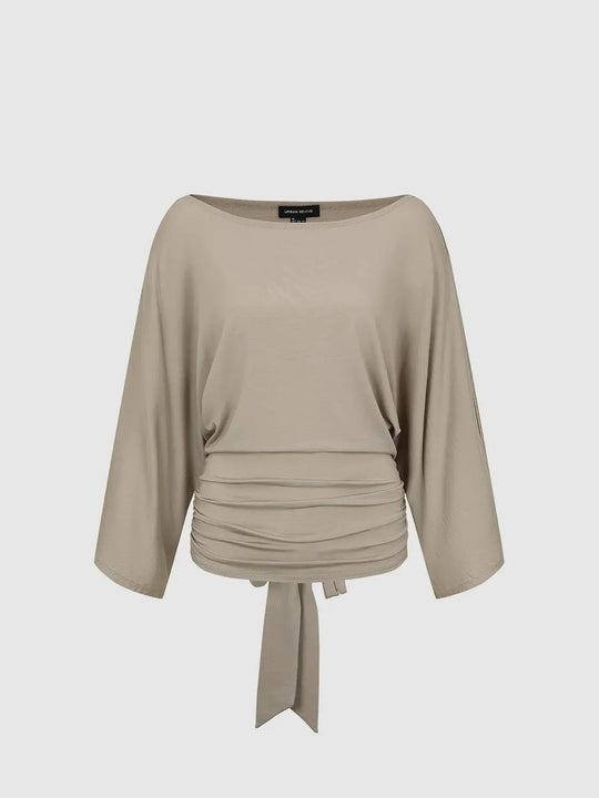 Ruched Tie Waist Long Sleeve Boat Neck T-Shirt