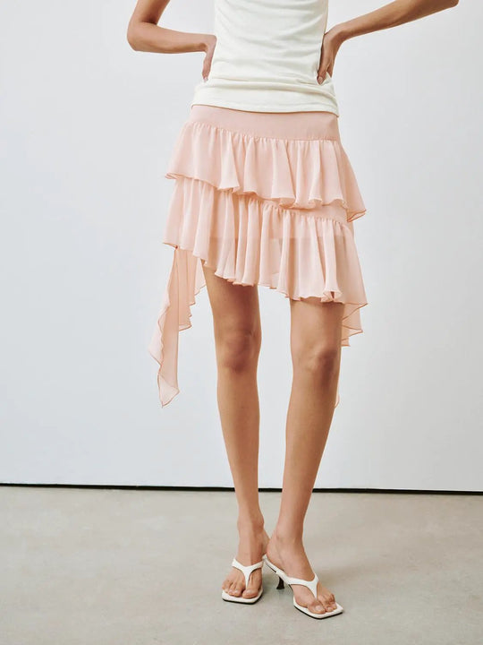 Soft Fabric Ruffle Tiered Asymmetric Midi Skirt