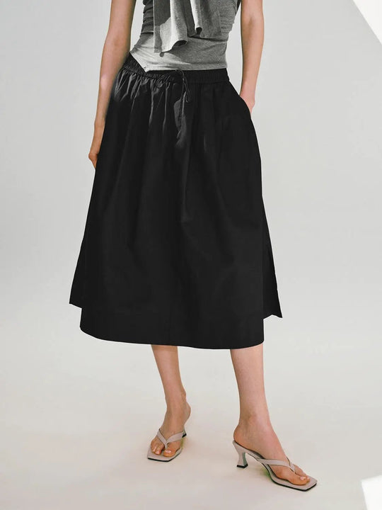 Cotton Drawstring Pull-On A-Line Midi Skirts