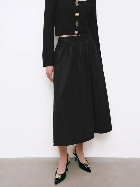 Cotton A-Line Button Embellished Midi Skirt