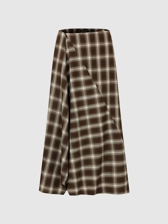 Women Contrast Check Asymmetric A Line Midi Skirt With Slight Stretch