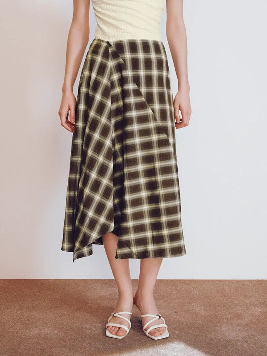 Women Contrast Check Asymmetric A-Line Midi Skirts With Slight Stretch