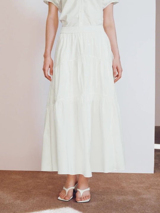 Soft Cotton Blend Loose Fit Tiered Seamed Maxi Skirt
