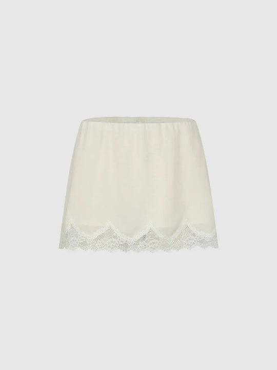 Ivory Silk Satin Lace Trim Pleated Mini Skirts