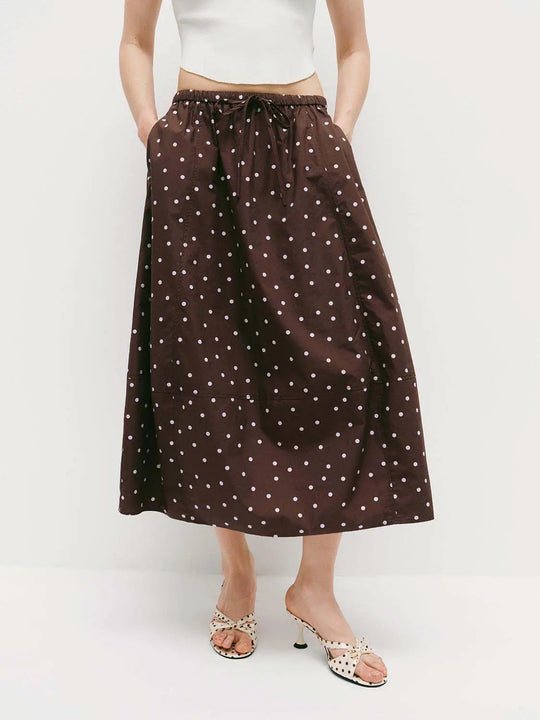 Cotton Polka Dot Print A-Line Midi Skirt