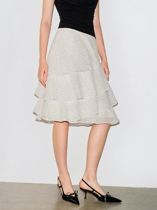 水玉柄レイヤードラッフルラップアシンメトリーヘムスカート