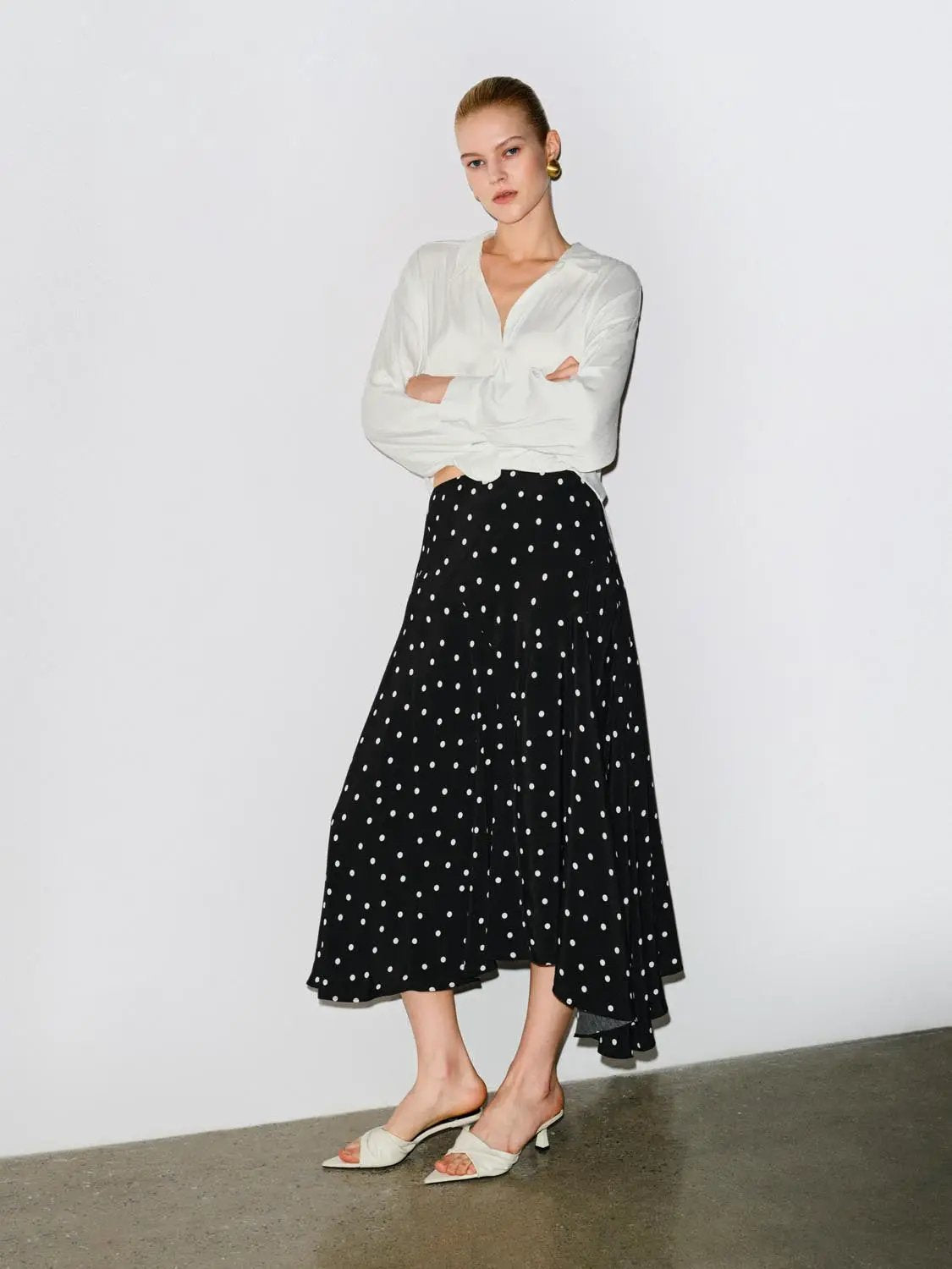 Polka Dot Asymmetric Hem Maxi Wrap Skirt, black with white polka dots
