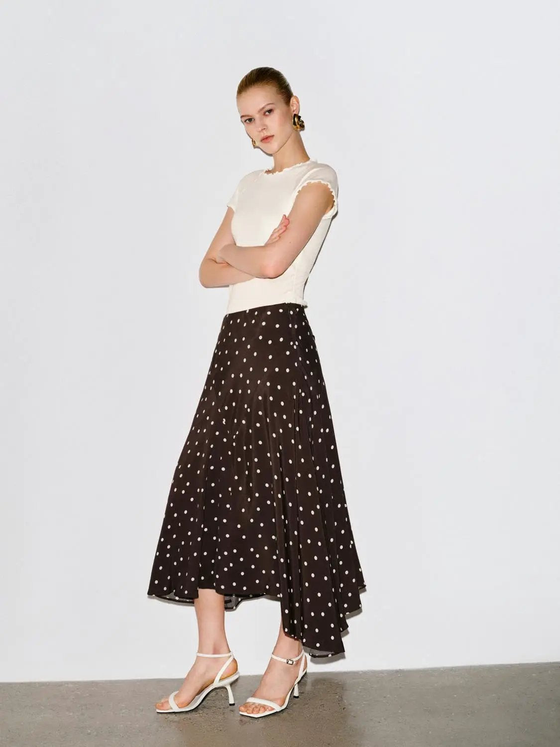 Polka Dot Asymmetric Hem Maxi Wrap Skirt in brown with white polka dots