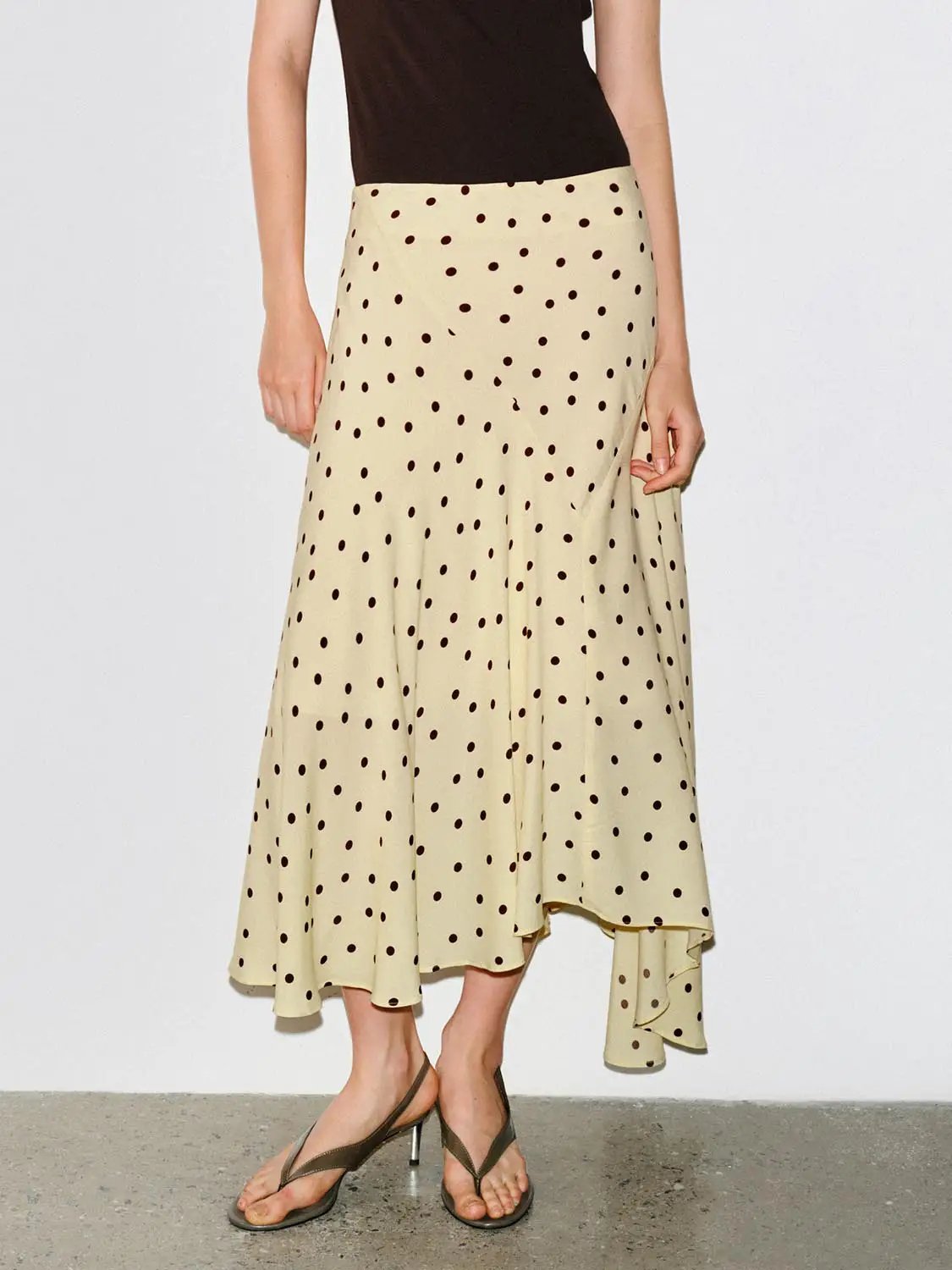 Polka Dot Asymmetric Hem Maxi Wrap Skirt beige base with brown polka dots