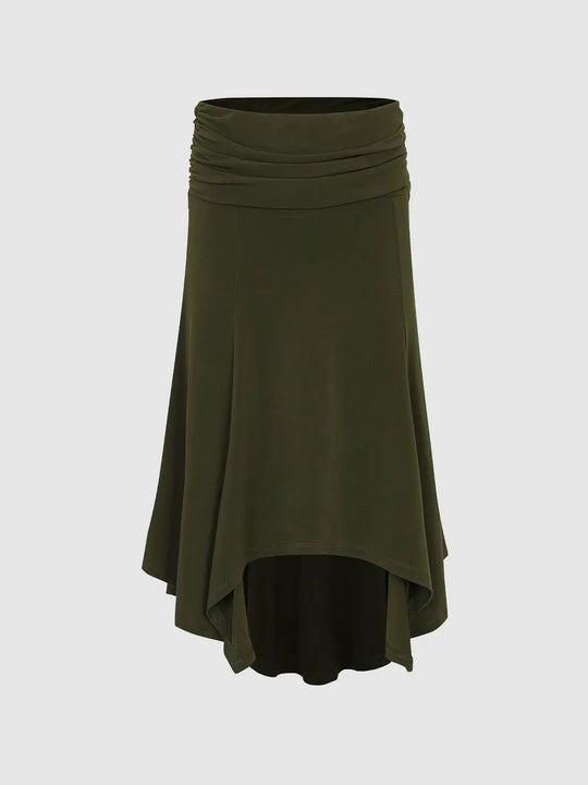 Ruched Asymmetric Hem A-Line Mid-rise Skirt