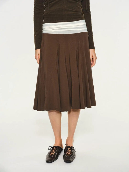 Contrast Ruched Waist Pleated A-Line Midi Skirt