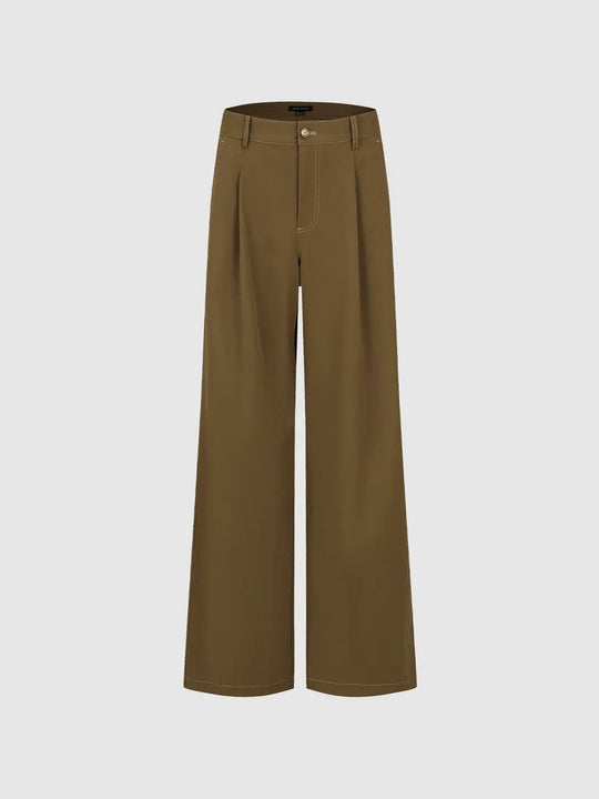 Pleat Detail Wide Leg Pants Smooth Weave