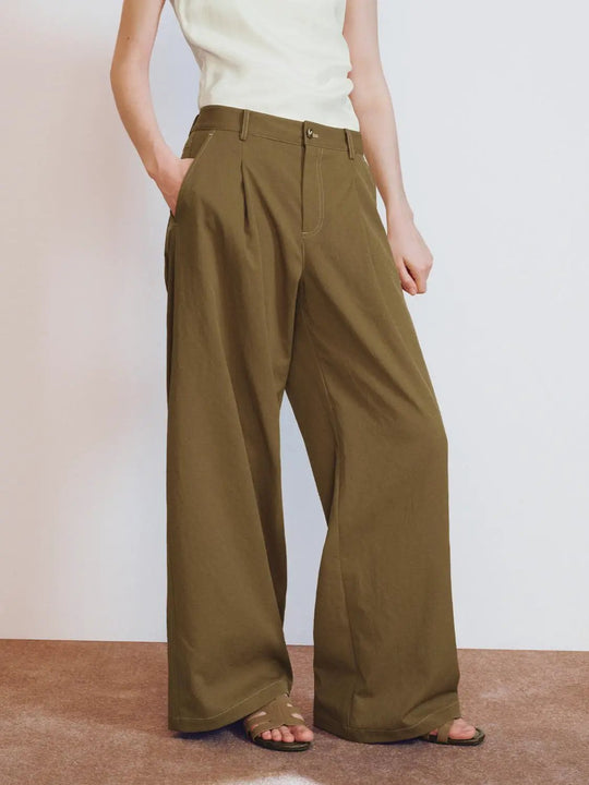Pleat Detail Wide Leg Pants Smooth Weave