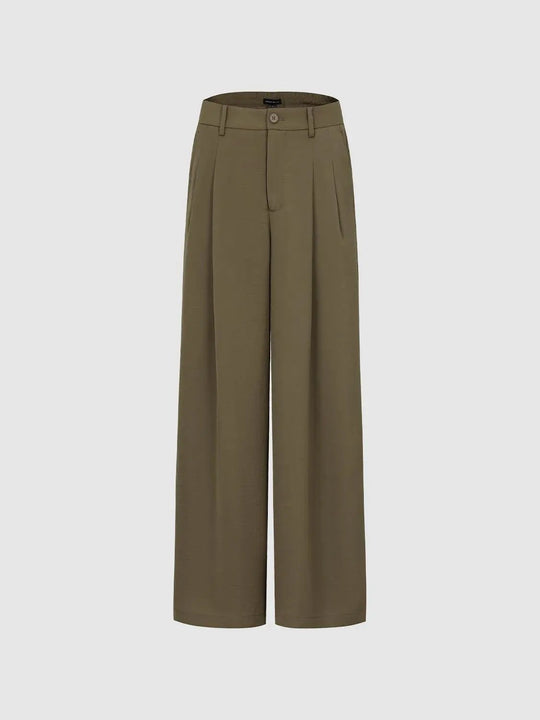 Pleat Detail Wide Leg Pants With Slight Stretch For Classic Fit