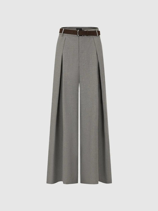 Belted Pleated Tailored Wide Leg Pants For Office Wear