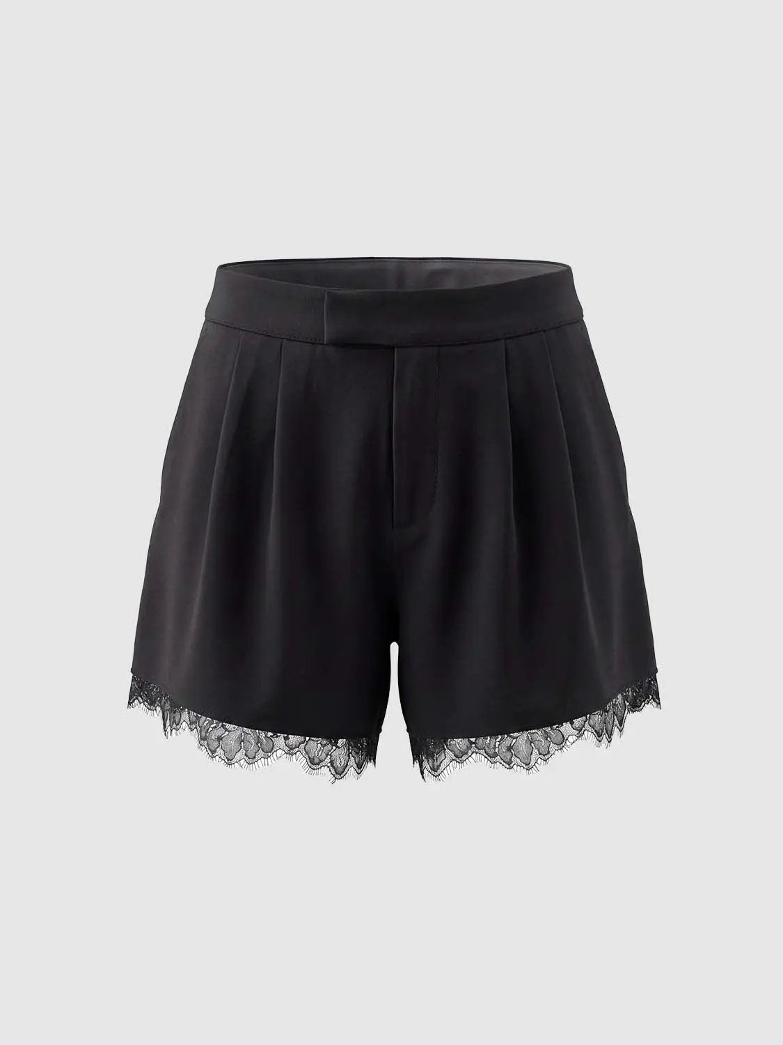 Lace Trim Shorts, black fabric with scalloped lace hem