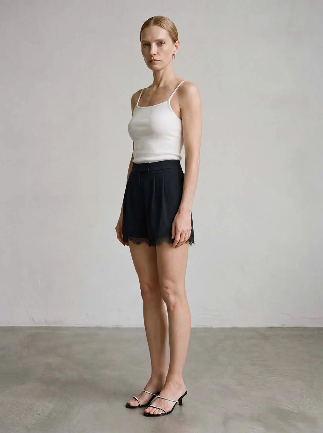 Lace Trim Shorts, Urban Revivo Fashion; black satin with delicate lace hem, shown with a white camisole