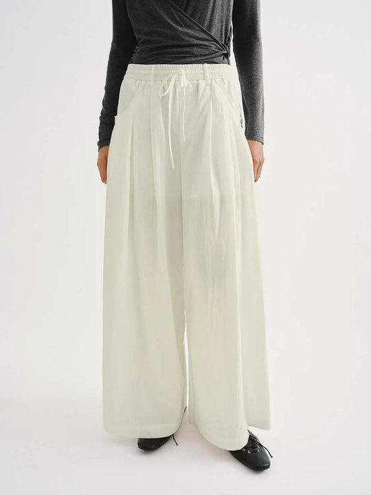 Cotton Elastic Waist Pleated Wide Leg Pants