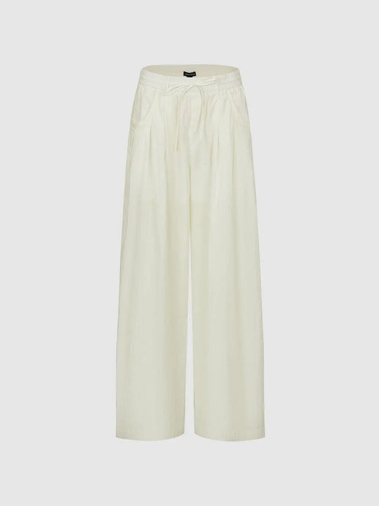 Cotton Elastic Waist Pleated Wide Leg Pants