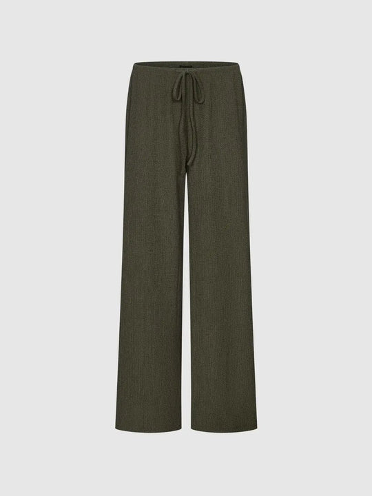 Drawstring Waist Olive Wide-Leg Stretch Pants