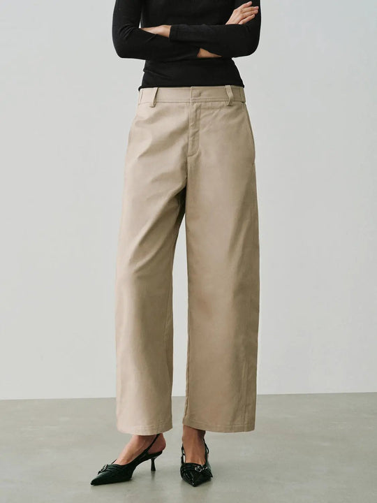 Tailored Beige Mid-rise Barrel-Leg Cotton Pants