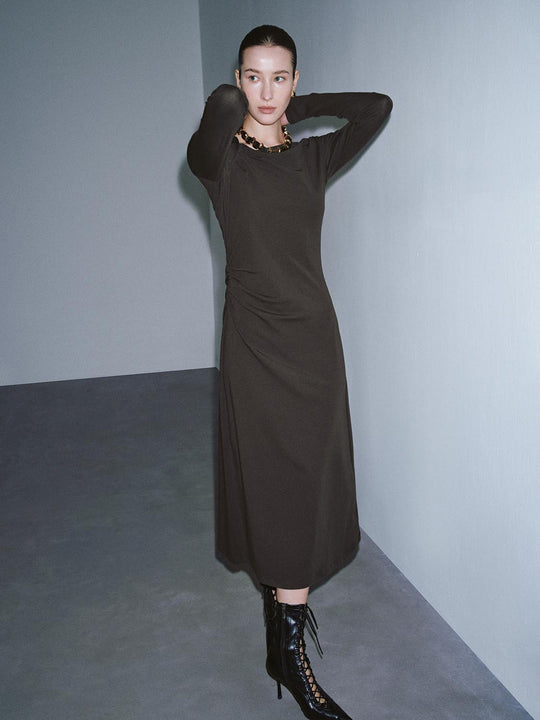 Asymmetric Neck Ruched A-Line Midi Dresses