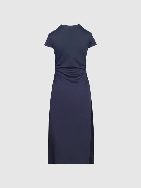 Navy Cotton Polyester Blend Ruched A-Line Maxi Dresses