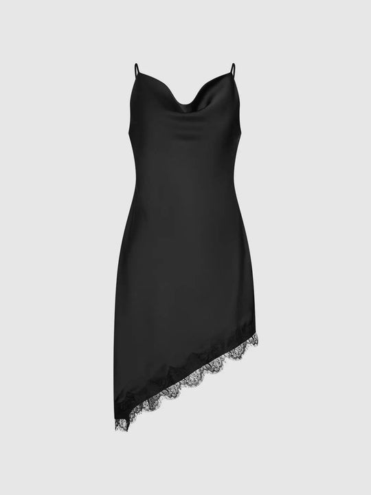 Asymmetric Lace Trim Strappy Straight Midi Dresses