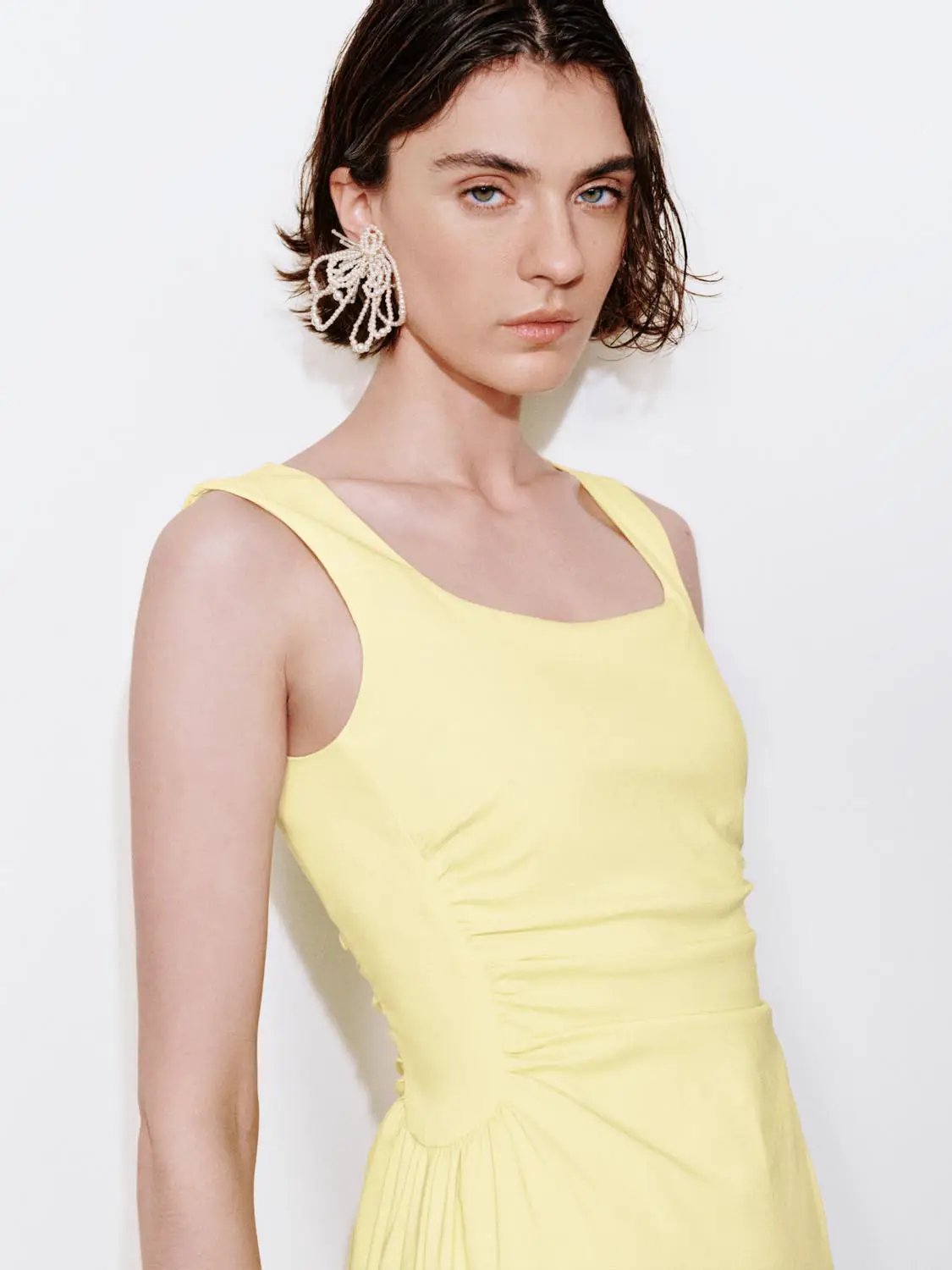 U-Neck Ruched Waist A-Line Midi Dresses by Urban Revivo Fashion