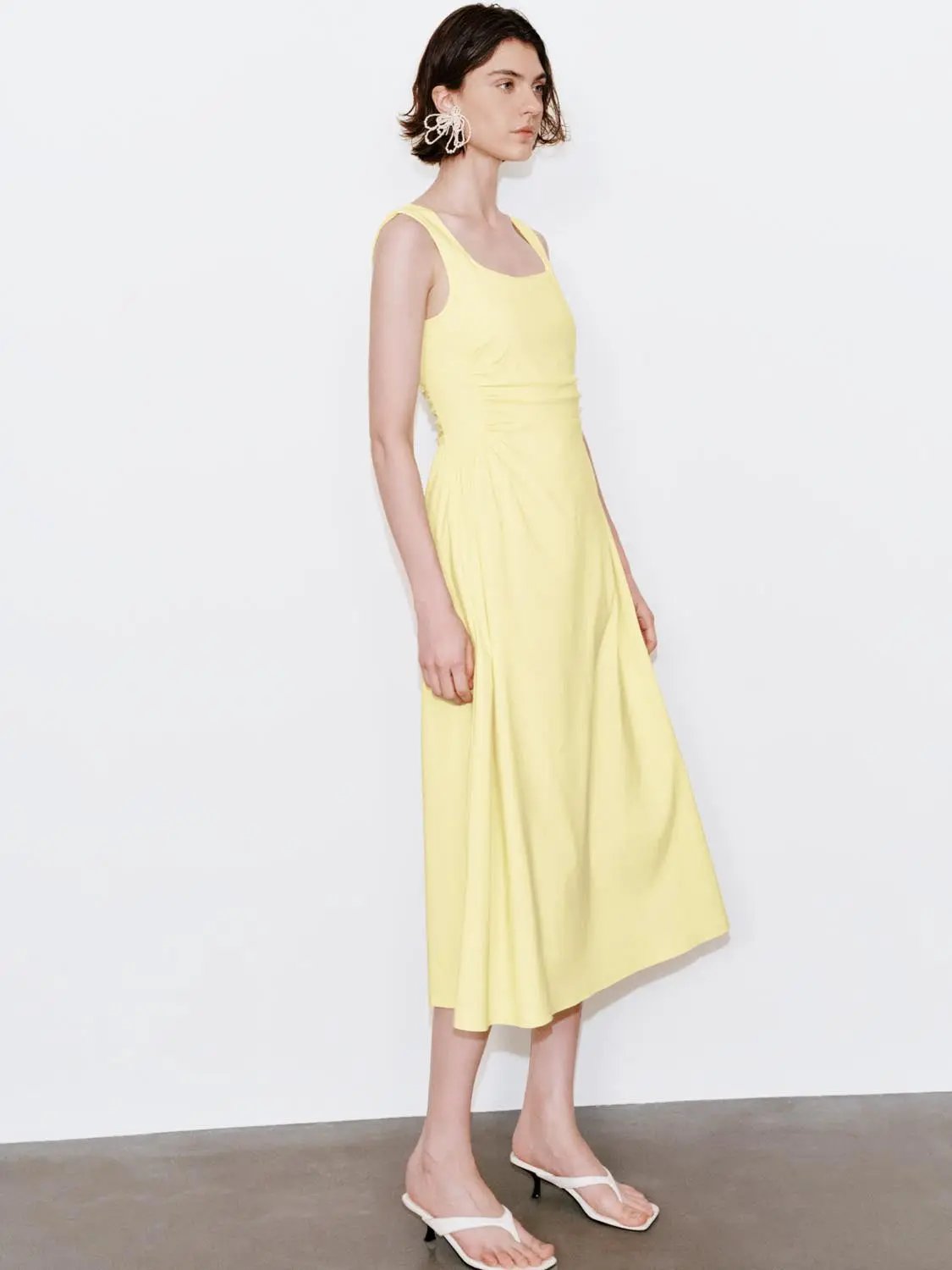 U-Neck Ruched Waist A-Line Midi Dresses by Urban Revivo Fashion