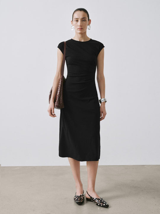 Cap Sleeve Ruched A-Line Midi Dresses