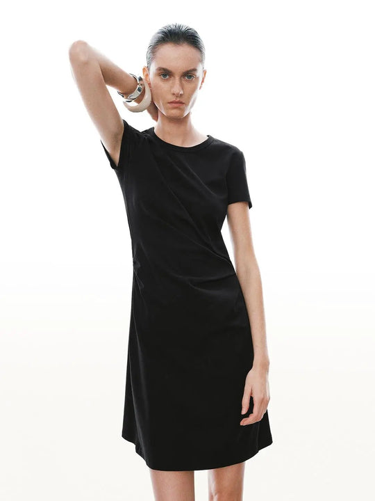 Draped Short Sleeve Aline Crepe Midi Dresses