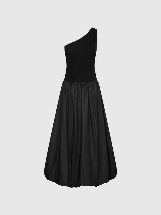 One Shoulder Sleeveless Shirring Detail Balloon Hem Straight Midi Dresses