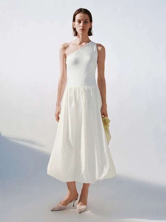 Cotton Knit One-Shoulder Shirring Balloon Midi Dresses