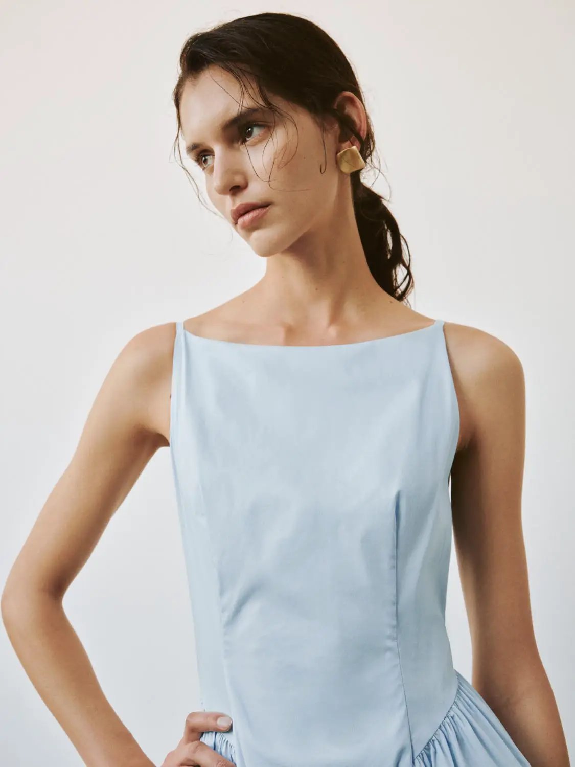 Square Neck Pleated Swing Cotton A-Line Midi Dress