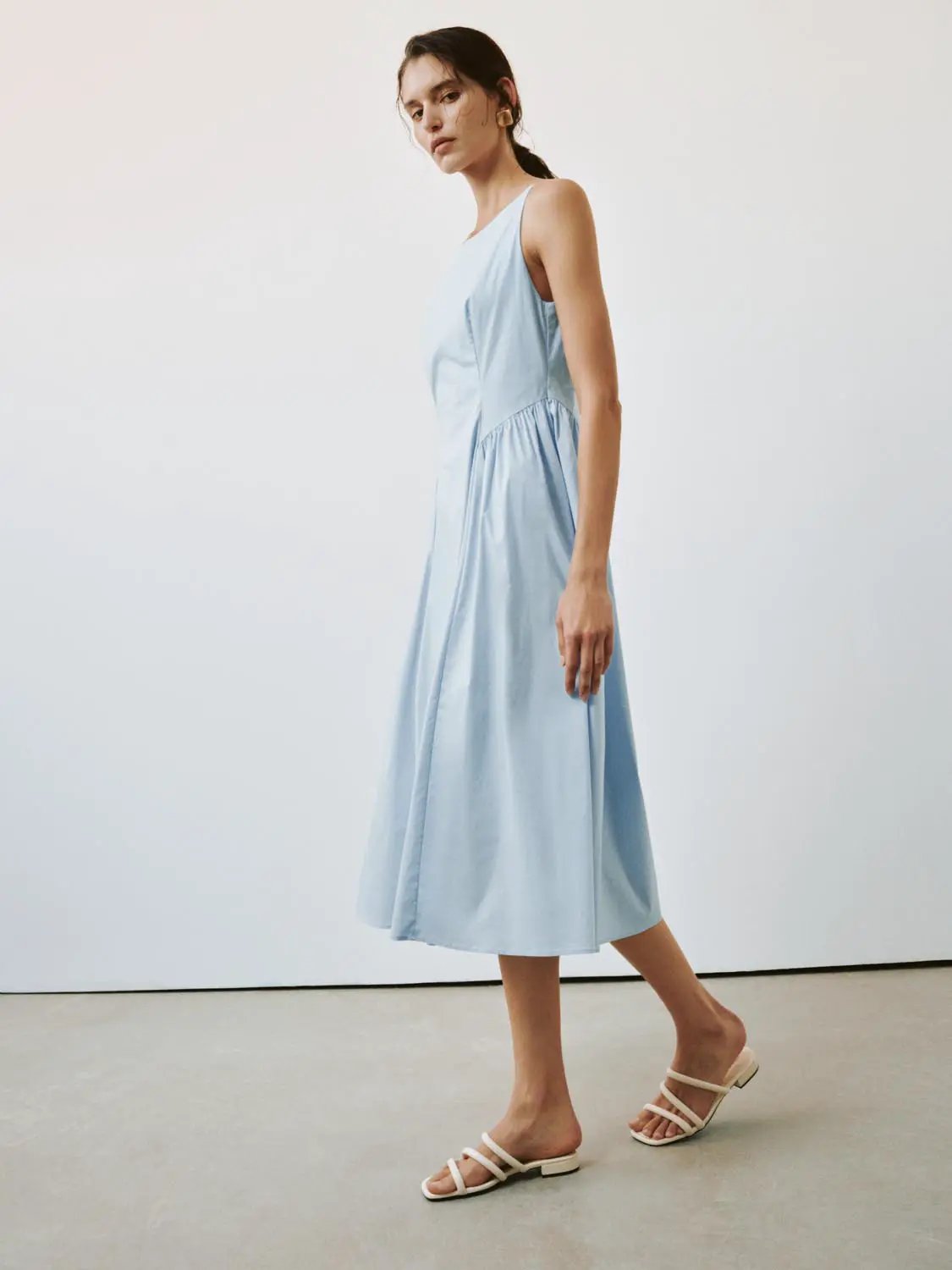 Square Neck Pleated Swing Cotton A-Line Midi Dress