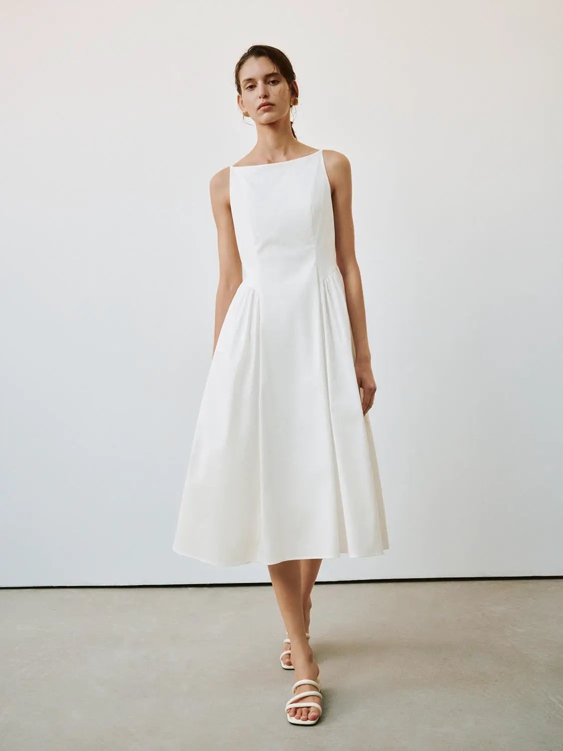 Square Neck Pleated Swing Cotton A-Line Midi Dress