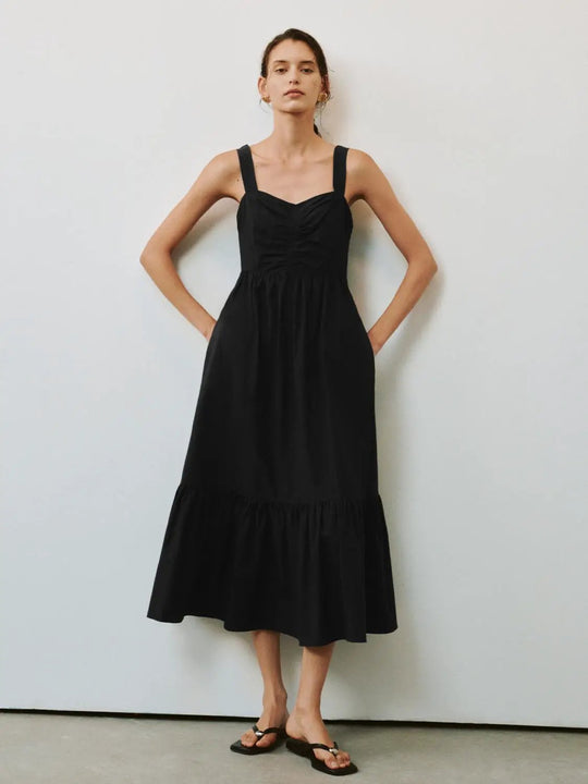 Shirring Detail Strappy Cotton Blend A-Line Midi Dresses