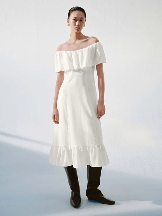 Foldover One Shoulder Ruffle A-Line Midi Dress