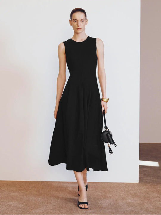 Viscose Blend Panel Seamed Midi Elegant Dresses