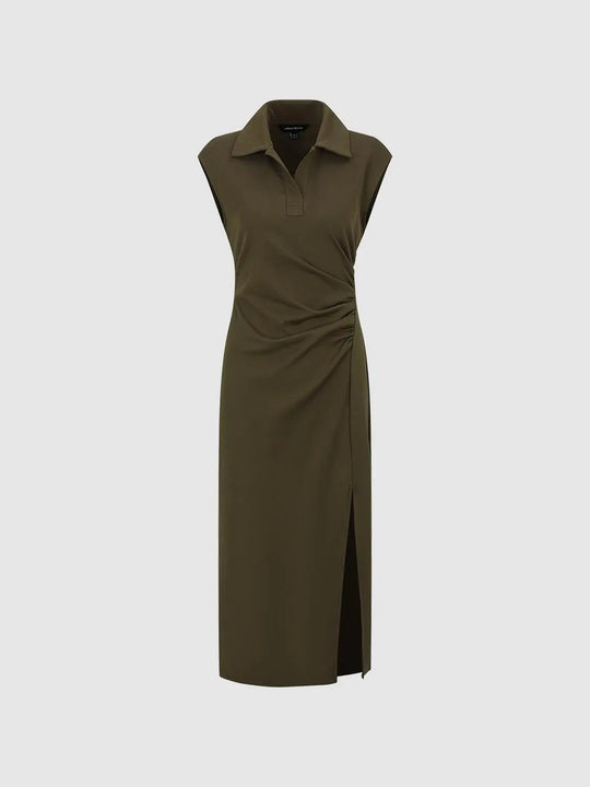 Olive Crepe Polo Neck Sleeveless Draped Midi Dress