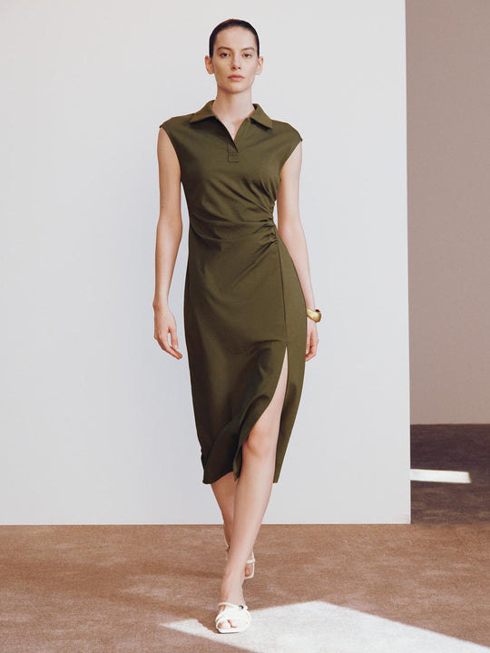 Olive Crepe Polo Neck Sleeveless Draped Midi Dresses