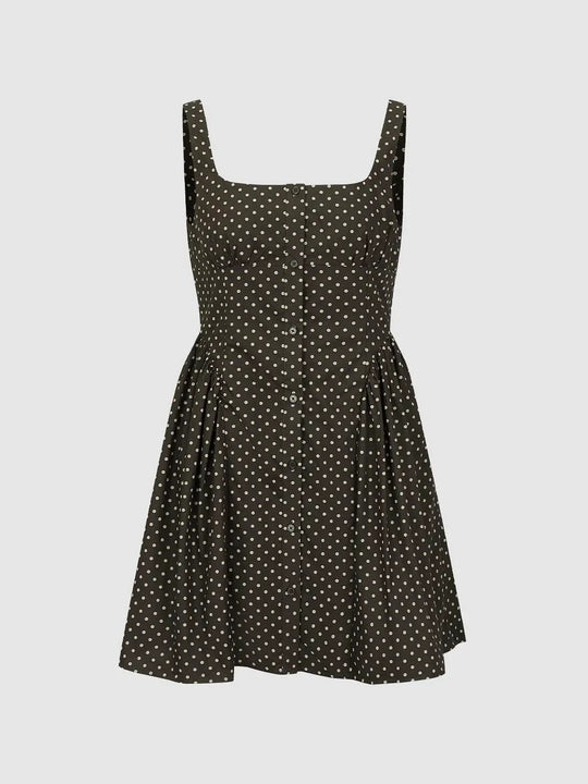 Polka Dot Button Front Strappy A-Line Midi Dresses