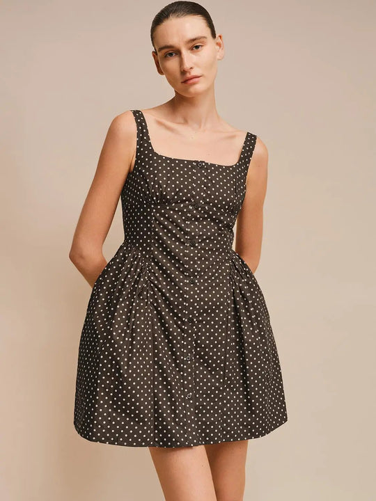 Polka Dot Button Front Strappy A-Line Midi Dress