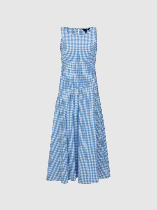 Gingham Cotton Elastane Smocked Waist A-Line Midi Dresses