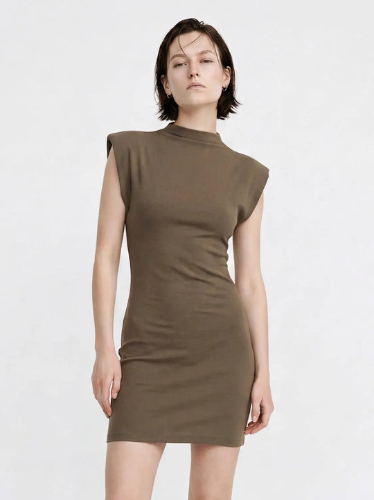 Structured Shoulders High-Neck Sleeveless Bodycon Mini Dress
